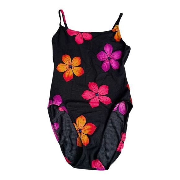 90s swimsuit medium one piece bathing suit black with bright flowers​ - Picture 1 of 10